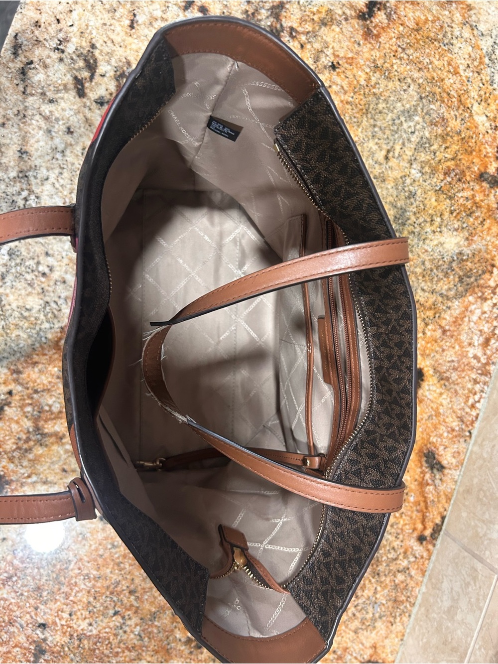 Michael Kors Brown Logo Tote with Pink & Red Geometric Print - Picture 3 of 5
